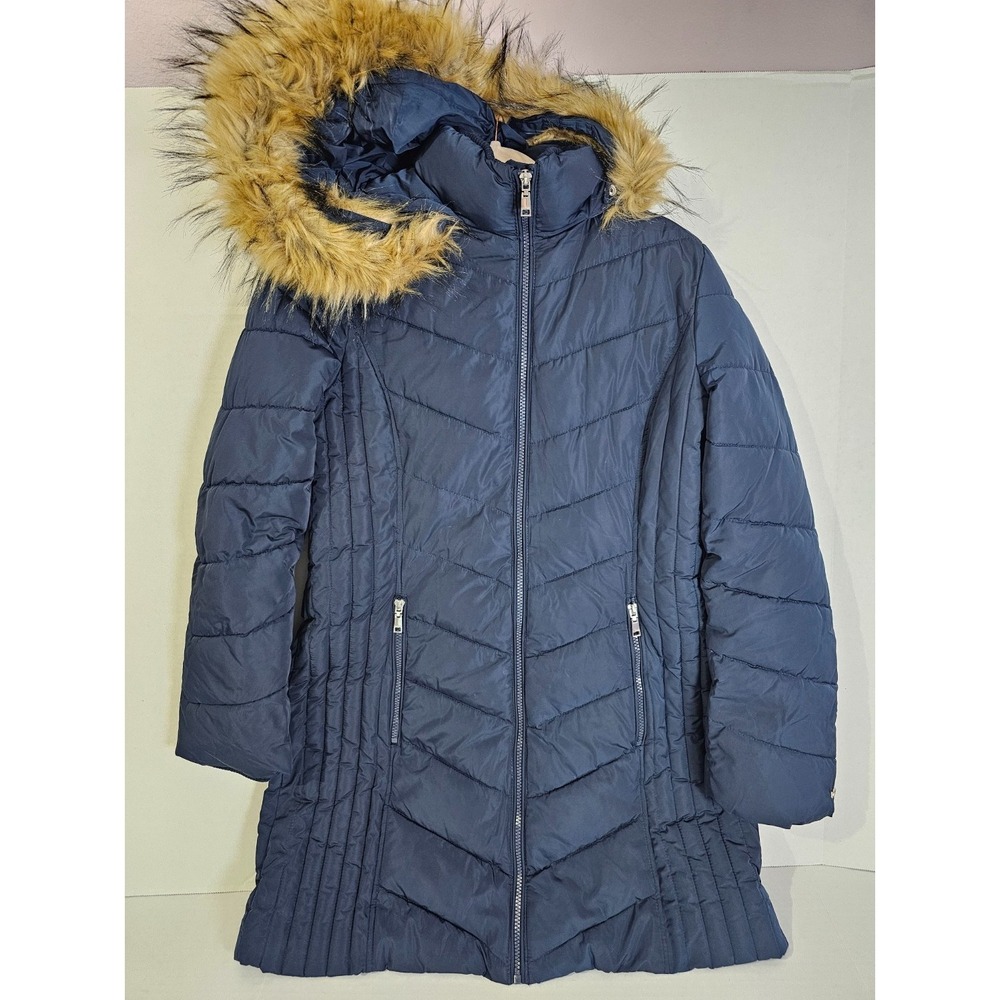 Women Medium Tommy Hilfiger Navy Blue Long Coat Puffer Parka FauxFur Hood Jacket